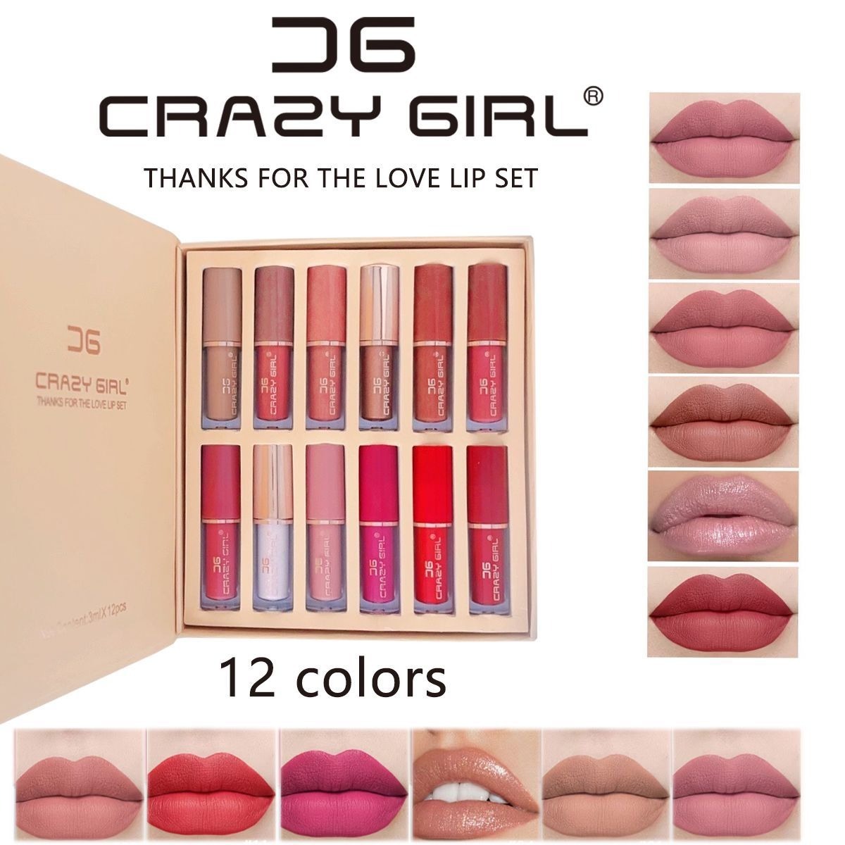 Crazy Girl “Thanks for the Love” Lip Gloss Set – 12 in 1 Multi-Shade Collection/Waterproof